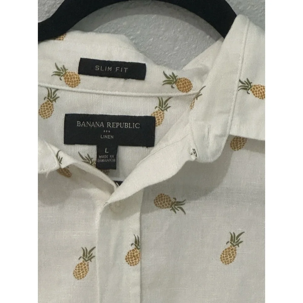Banana Republic Pineapple Shirt Mens Large Luxe Stretch Slim Fit Short Sleeve